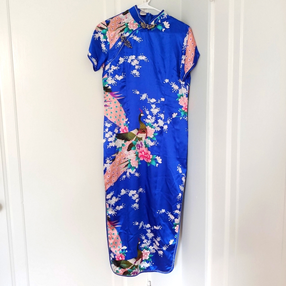 Silk-like Floral Chinese Midi Dress Cobalt Blue Short Sleeve